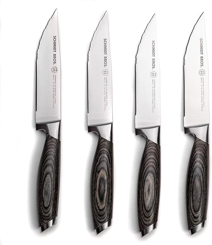Schmidt Brothers -Bonded Ash 4-Piece Jumbo Steak Knife Set, High-Carbon German Stainless Steel Cutlery in a Wood Gift Box