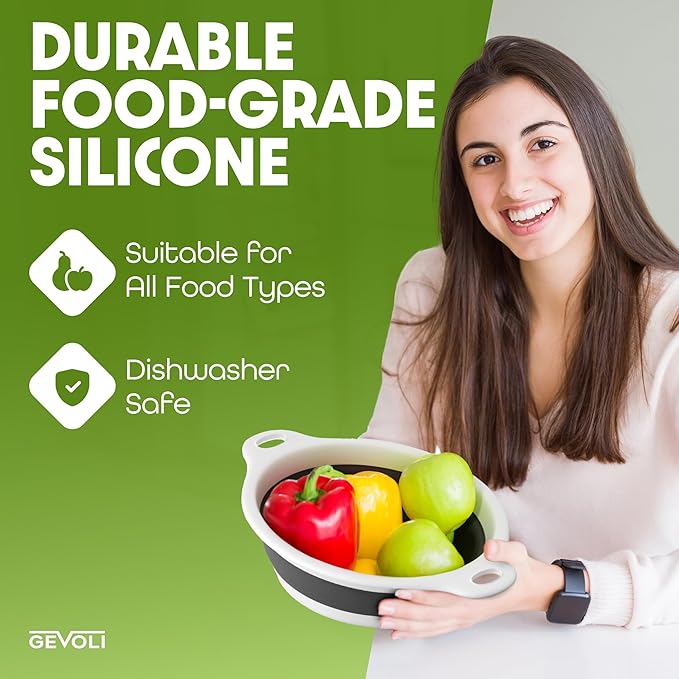 Collapsible Colander Strainer, Includes Over-sink Countertop Draining Base (5QT) Large Kitchen Drainer for Vegetables Fruit and Pasta, Round Foldable Draining Basket, Easy Storage (White)