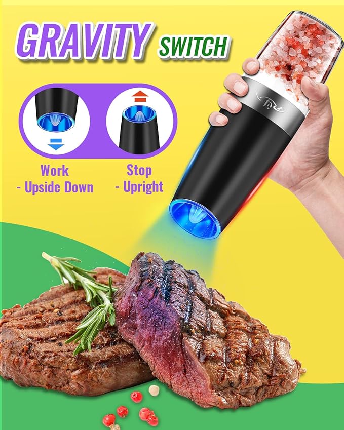 Gravity Electric Salt and Pepper Grinder Set, Automatic and Battery-Operated with Adjustable Coarseness, LED Light, One Hand Operated By Rongyuxuan