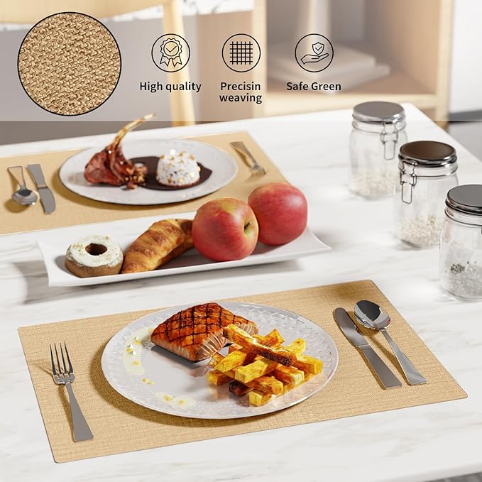 Cloth Placemats, Set of 6 Heat-Resistant Cotton Linen Blend Double Layered Machine Washable Place Mats, Wrinkle Free Thick Fabric Dining Table Mats for Indoors & Outdoors (Cream Beige, 6)