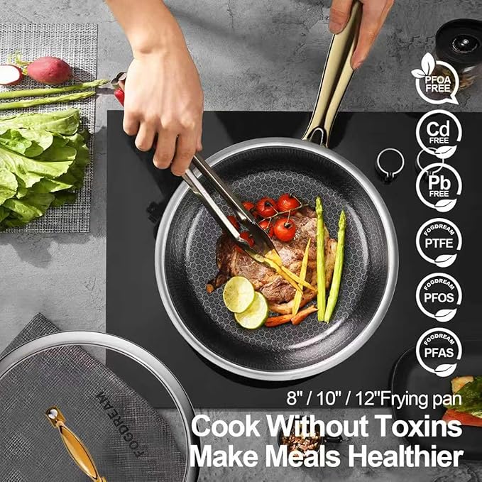 Fogdream 8” Stainless Steel Pan, Non Stick Frying Skillet with Lid, Tri-Ply Stainless Steel for All Cooktops, Dishwasher and Oven-Safe Cooking Pan, Stay-Cool Handle, Gold