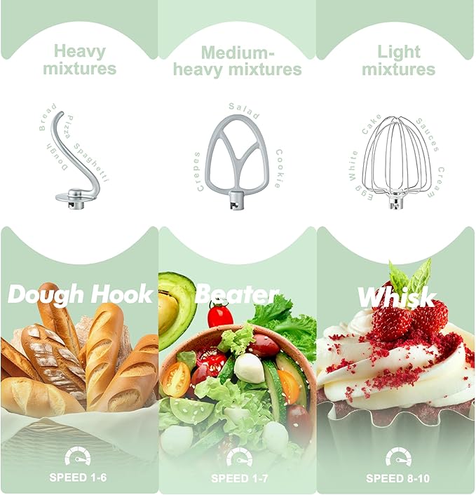 Kitchen in the box Stand Mixer, 4.5QT+5QT Two bowls Electric Food Mixer, 10 Speeds 3-IN-1 Kitchen Mixer for Daily Use with Egg Whisk,Dough Hook,Flat Beater (Pastel Green, 5QT)