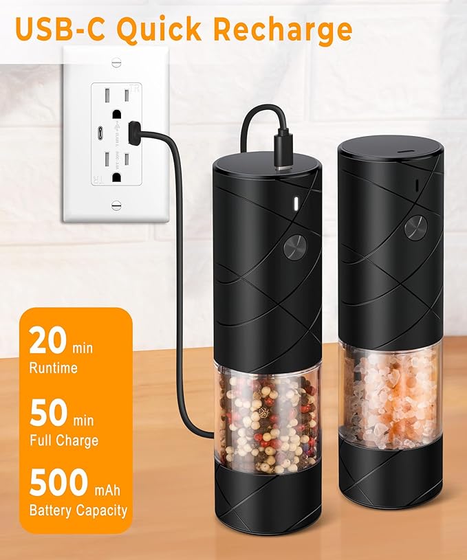 Rechargeable Electric Salt and Pepper Grinder Set - Extra Large Capacity - Automatic Black Peppercorn & Sea Salt Mill Grinders Set with Adjustable Coarseness & LED Light