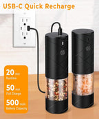 Rechargeable Electric Salt and Pepper Grinder Set - Extra Large Capacity - Automatic Black Peppercorn & Sea Salt Mill Grinders Set with Adjustable Coarseness & LED Light