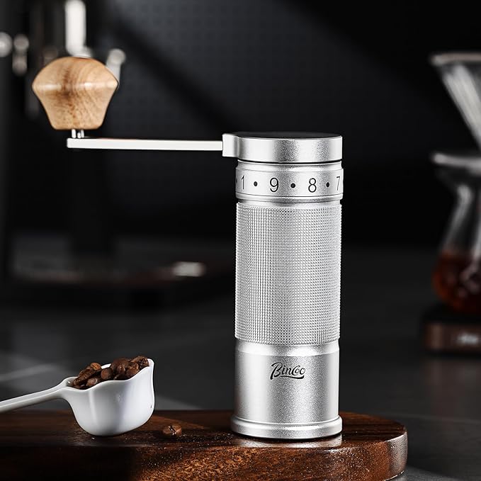 Bincoo Manual Coffee Grinder with Foldable Handle– External Setting Hand Coffee Grinder with Steel Burr,Compact and Portable for Home/Travel/Camping(Sliver)