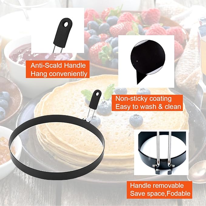 8" Omelette Ring for Griddle,2 Packs Non-stick Stainless Steel Omelette Ring Pancake Mold Griddle Omelet Mold with Silicone Handle for Sandwich Muffins