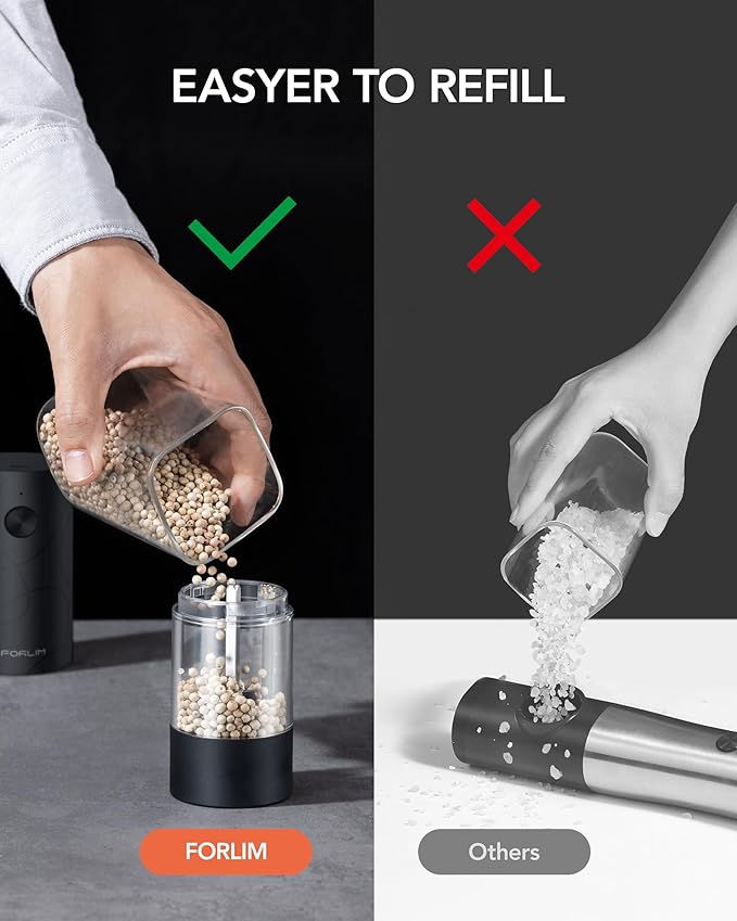 FORLIM Electric Salt and Pepper Grinder Set, USB Rechargeable, Automatic Salt Pepper Mill Grinder with Dust Cover, One-Button Control, Adjustable Coarseness, White LED Light (2 Packs, Black)