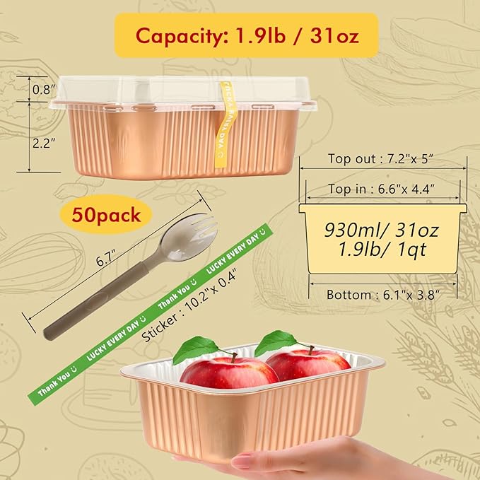 LNYZQUS 50 Pack 7” x 5” Small Aluminum Pans with Lids, 30oz Heavy Duty Foil Baking Tins Large To Go Containers,Individual Leftover Containers Baked Food Holders Boxes for Oven-Champagne