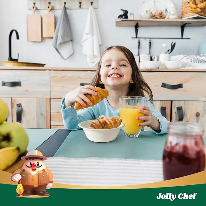 JOLLY CHEF Compostable Disposable Paper Bowl [16 oz] Heavy Duty Soup Containers [150 Pack] Biodegradable Bagasse Hot Cold Food Eco-Friendly Sugarcane Microwavable Bowls for Salad Dessert Milk Cereals