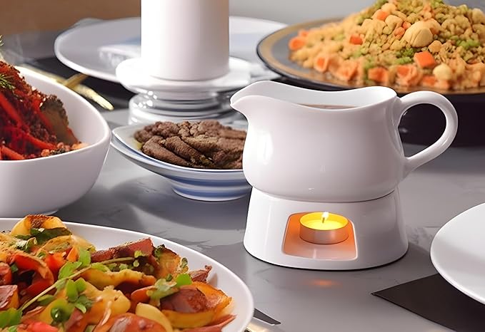 Kook Gravy Boat & Warmer, Ceramic Serving Dish, Dispenser with Warmer for Sauces, Dressings and Creamer, Large Handle, Microwave and Dishwasher Safe, 17oz, White