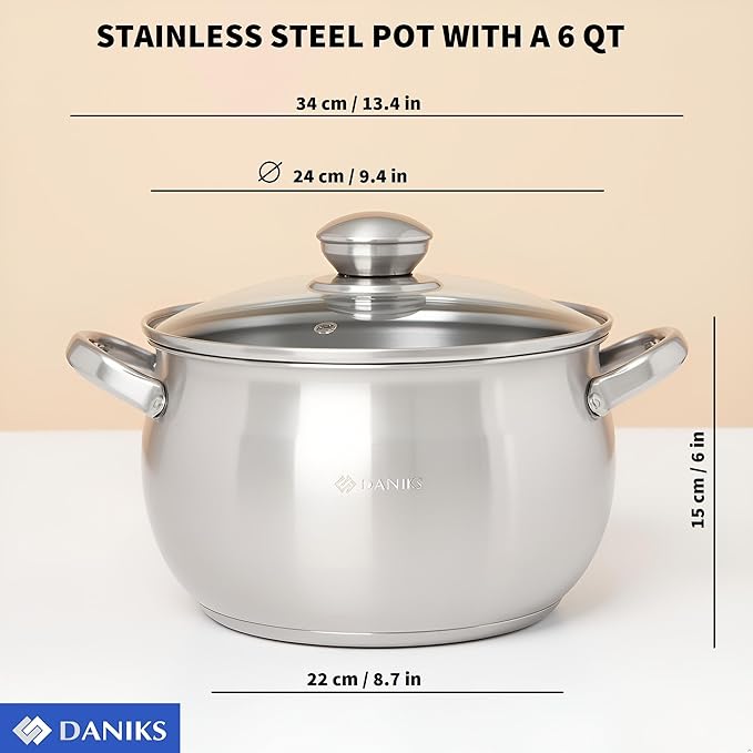 Daniks Classic 6 Quart Stainless Steel Stock Pot with Glass Lid, Tri-Ply Bottom for Even Heating, Induction Compatible, Dishwasher Safe