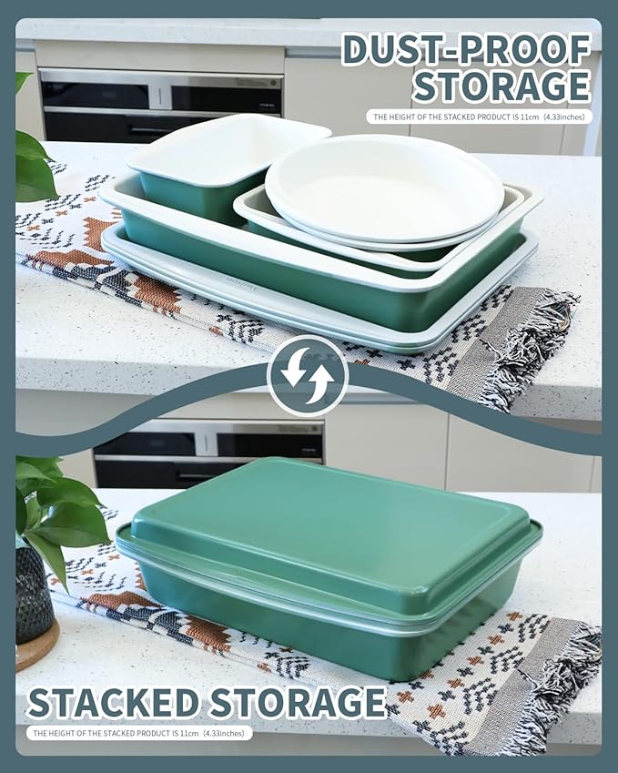 Ceramic Nonstick Baking Pans Set, Non Toxic 30 PCS Stackable Bakeware Sets, 550°F Oven Safe Baking Sheet & Pans, Warp-Free, Dishwasher Safe, PTFE/PFOA/PFOS-Free (Green)