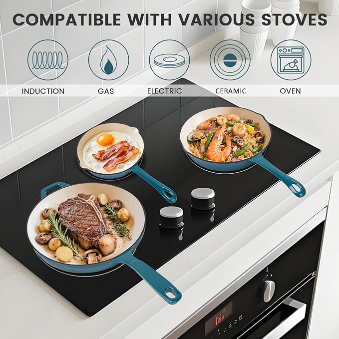 Hisencn Enameled Cast Iron Frying Pan Set, 3 Piece Set of Skillets(8''/9.5''/11''), PFAS & PTFE & PFOA -Free, Gas/Induction/Electric/Oven Compatible, Biscay Blue