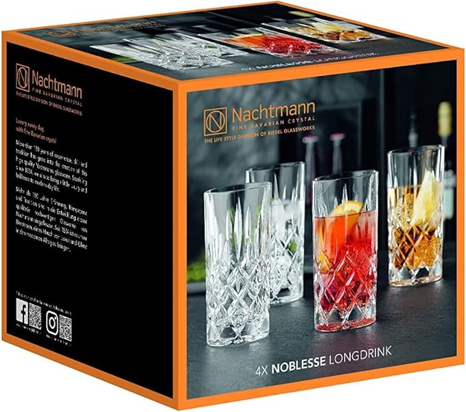 Nachtmann Noblesse 13oz Long Drink Glass (Set of 4) - Luxury Crystal Highball Glasses with Cut Decoration - Ideal for Cocktails, Sparkling Drinks, Beverages - Dishwasher-Safe Barware Essentials