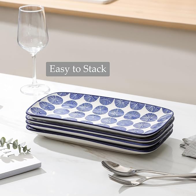 Selamica Ceramic Rectangular Serving Platters Set of 4, 12 Inch Serving Trays/Dishes for Party Entertaining, Rectangular Dinner Plates for Appetizer Salad Dessert Sushi, Vintage Blue