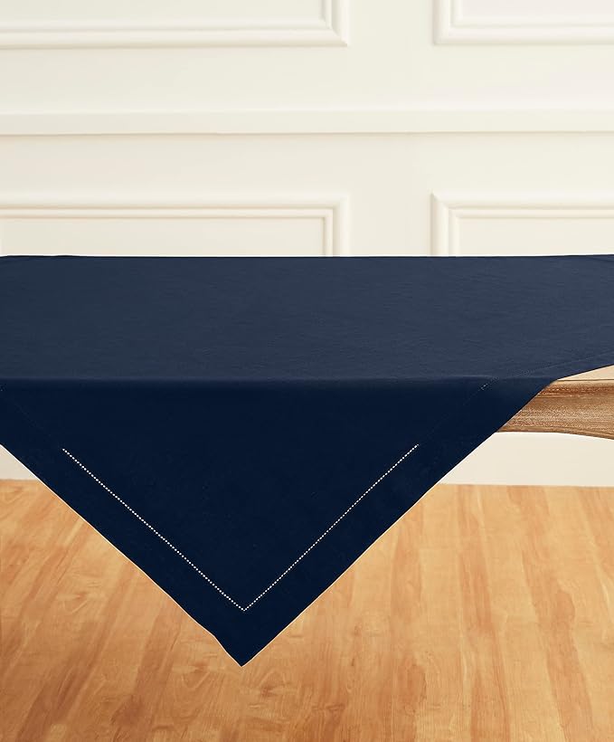 Solino Home Navy Linen Tablecloth 52 x 52 Inch - 100% Pure Linen Square Table Throw - Classic Hemstitch, Machine Washable Table Cloth for Summer, Fall, Autumn
