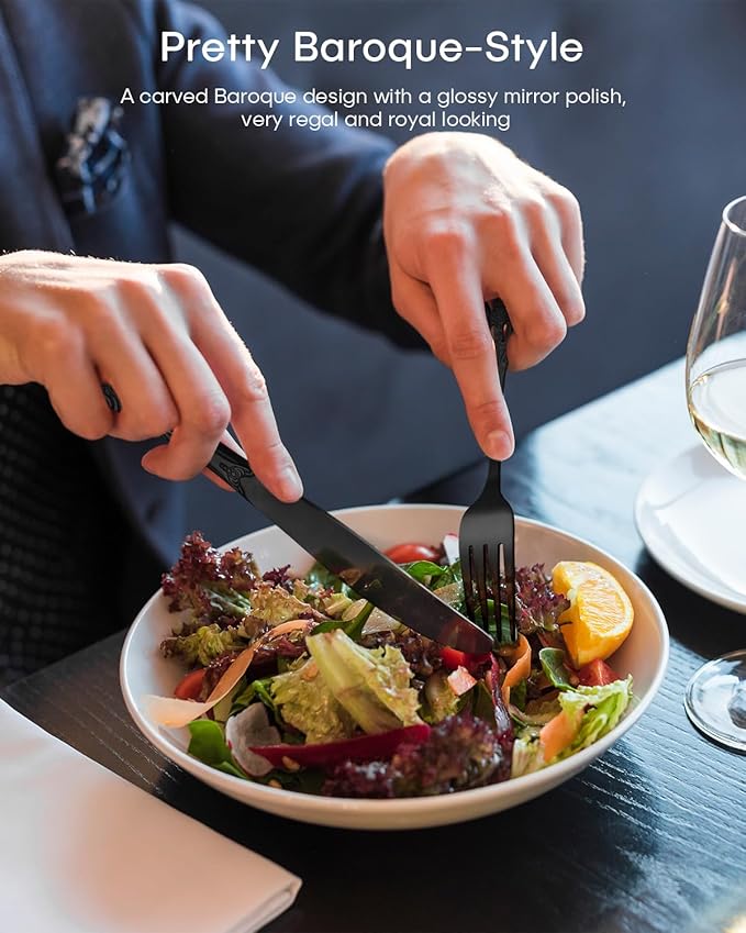 Black Silverware Set, Ollex 24 PCS Retro Royal Silverware Flatware Set for 4 with Spoons Forks Steak Knives Set, Mirror Polished Stainless Steel vintage Black Utensils Set, Dishwasher Safe