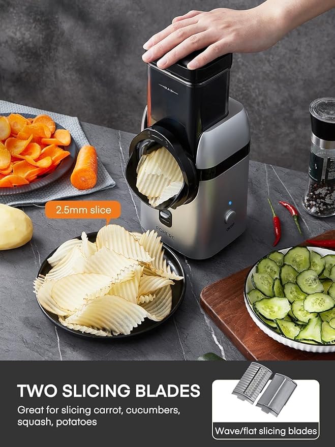 FOHERE Electric Cheese Grater, Upgraded 6-IN-1 Large Feed Chute Electric Vegetable Slicer with Different Blades and Storage Box, Cheese Shredder, Electric Slicer for Cheese, Fruits, Vegetables