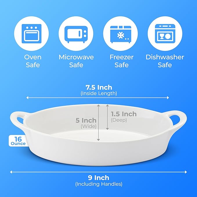 Oval Au Gratin Baking Dishes for Oven Safe and Microwave Cooking and Baking, 4 Pc. Set, Heat Resistant Ceramic with Handles for Serving, Small Mini Casserole Dish, 8" x 5", 16 oz, White