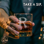 On The Rox Drinks (R-Monogram)- 4 Piece Set of 11 Ounce Engraved Heavy Base Rocks Glasses Elegant Glass-Multi-Purpose Beverage-Rocks Glass- Gift for any Occasion