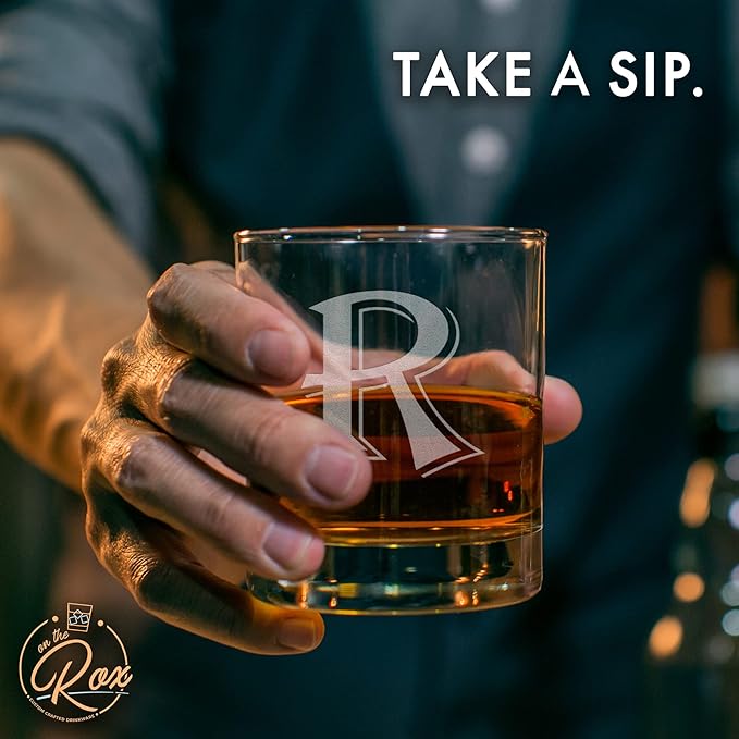 On The Rox Drinks (R-Monogram)- 4 Piece Set of 11 Ounce Engraved Heavy Base Rocks Glasses Elegant Glass-Multi-Purpose Beverage-Rocks Glass- Gift for any Occasion