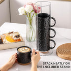 Nihow Ceramic Coffee Mug Set of 4, 16OZ Stackable Coffee Mug Set with Stainless Stand,Large Cup Set for Cappuccino,Tea,Hot/Cold Drinks,Dishwasher & Microwave Safe,Matte Black