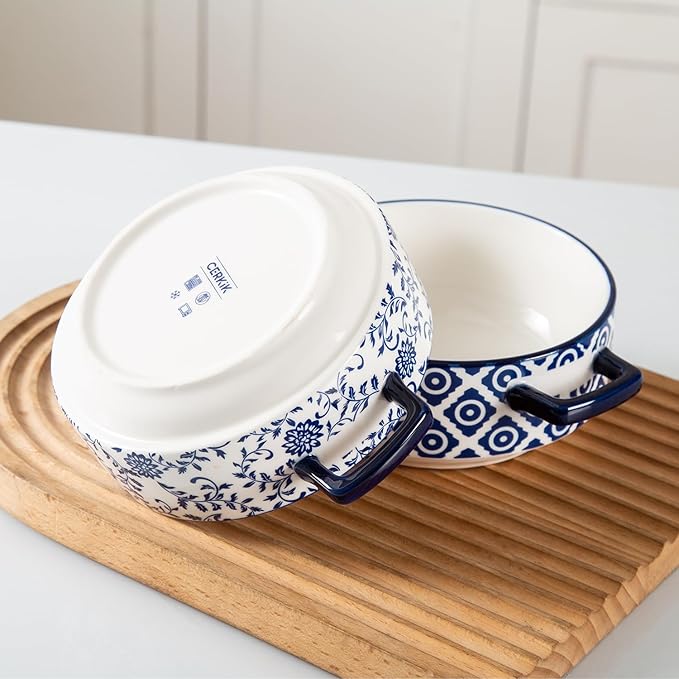 Soup Bowls with Handles - 24oz Ceramic French Onion Soup Crocks Serving Bowls for Pasta Cereal Beef Stew Pot Pies Casserole - Oven Microwave Dishwasher Safe - Set of 4, Blue