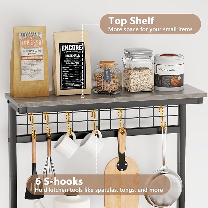 Furologee Kitchen Bakers Rack with Power Outlet, Coffee Bar Station with Storage 4 Tiers, Microwave Oven Stand with 6 S Hooks, Kitchen Storage Shelves Rack for Spices, Pots, Black Oak