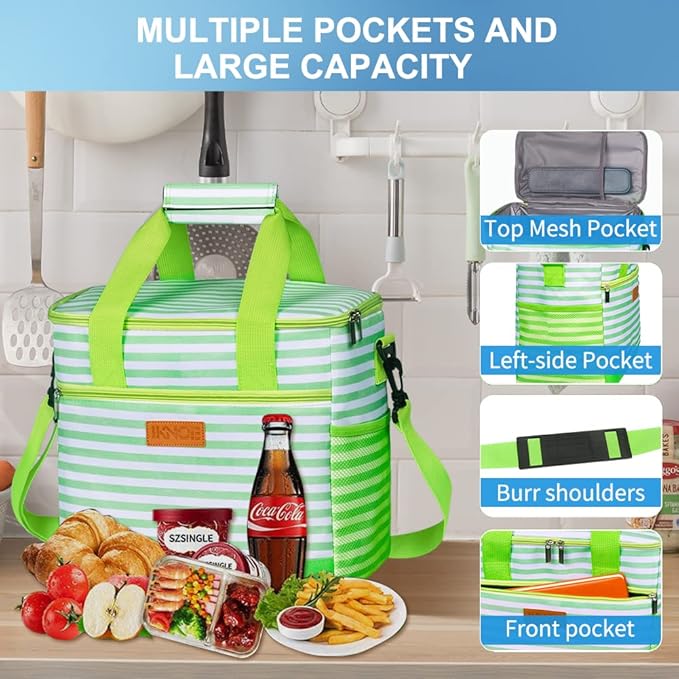 iknoe Large Cooler Bag Collapsible, 15L Insulated Bags, Leakproof Lunch Cooler Tote with Multi-Pockets for Adult, Insulated Lunch Box for Beach, Picnic,Work, Green Stripe 24-Can