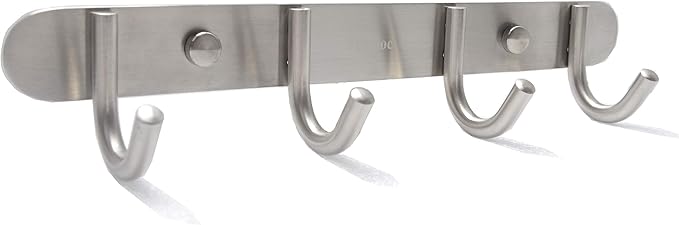 Towel Hook Rack Brushed Nickel - Sagmoc 11-Inch Coat Hook Rail Wall Mounted with 4 Hooks, Durable Wall Hangers for Bedroom, Bathroom, Foyer, Hallway (304 Stainless Steel)