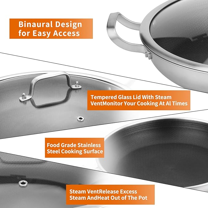 Tri-Ply Stainless Steel Paella Pan,13.5 Inch Nonstick Large Skillet,10 Servings 18/10 Paella Pan with Lid,Jumbo Cooker,Induction Pan,large stainless steel pan for Outdoors,Camping