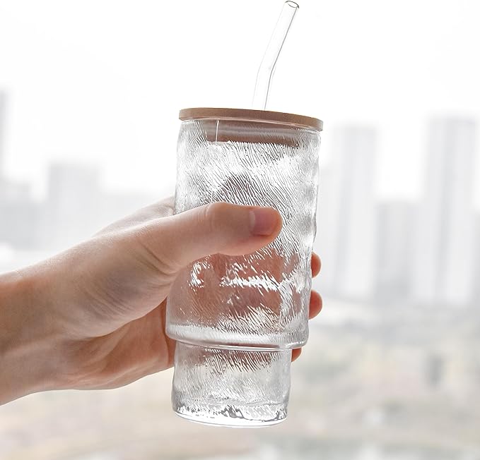 4 Pcs 11 oz Drinking Glasses Cups Set with Bamboo Lids Straws Brush Small Drinking Glassware Set for Juice Iced Coffee Cocktail Whiskey(Hobnail*4)