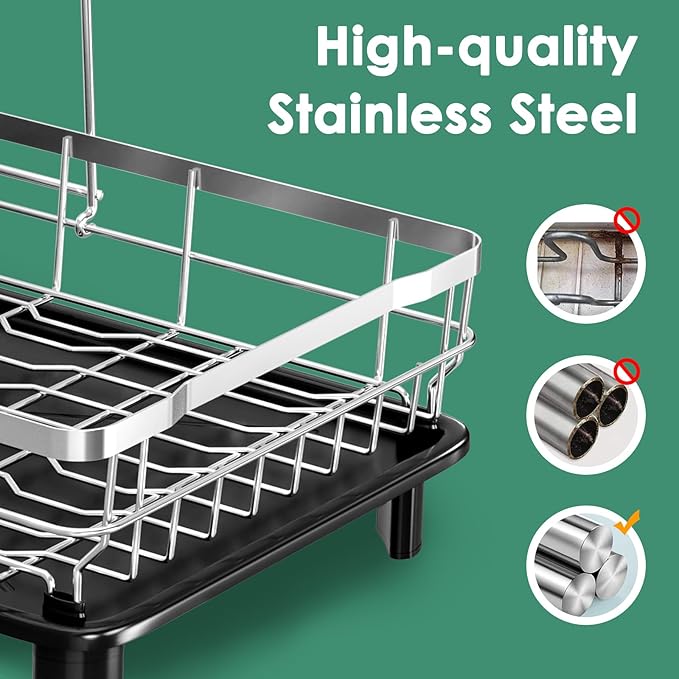 MOUKABAL Dish Drying Rack - 2 Tier Stainless Steel Dish Rack, Dish Racks for Kitchen Counter, Drying Rack Kitchen with Removable Utensil Holder and Drainboard (Black)