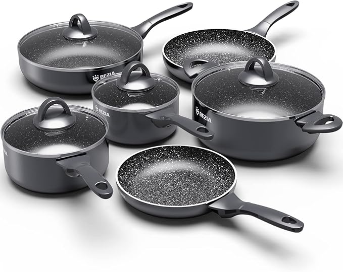 Induction Cookware Pots and Pans Set 10 Piece, BEZIA Dishwasher Safe Nonstick Cooking Pans, Stay-Cool Bakelite Handle, Scratch Resistant Kitchen Sets with Frying Pans, Saucepans & Stockpot (Black)