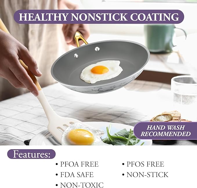 16Pcs Nonstick Cookware Sets, Kitchen Pots and Pans Set Non Stick for Cooking, Non Toxic Induction Cookware, Oven & Dishwasher Safe, Mable White