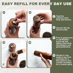 Wooden Salt and Pepper Grinder Set 8 Inch Manual Salt and Pepper Mill with Tray Adjustable Coarseness Refillable Wood Grinders with Gold Bottle Label for Kitchen(Wood Color)