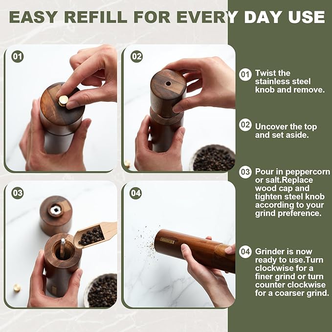 Wooden Salt and Pepper Grinder Set 8 Inch Manual Salt and Pepper Mill with Tray Adjustable Coarseness Refillable Wood Grinders with Gold Bottle Label for Kitchen(Wood Color)