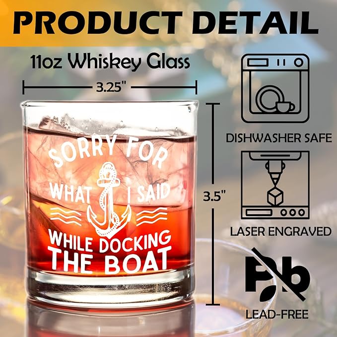 kunlisa Boat Gifts Whiskey Glasses, Boat Captain Gifts, I'm Sorry for What I Said While Docking the Boat 10 oz Drinking Rocks Glasses for Men Whisky Cocktail Scotch Bourbon Liquor