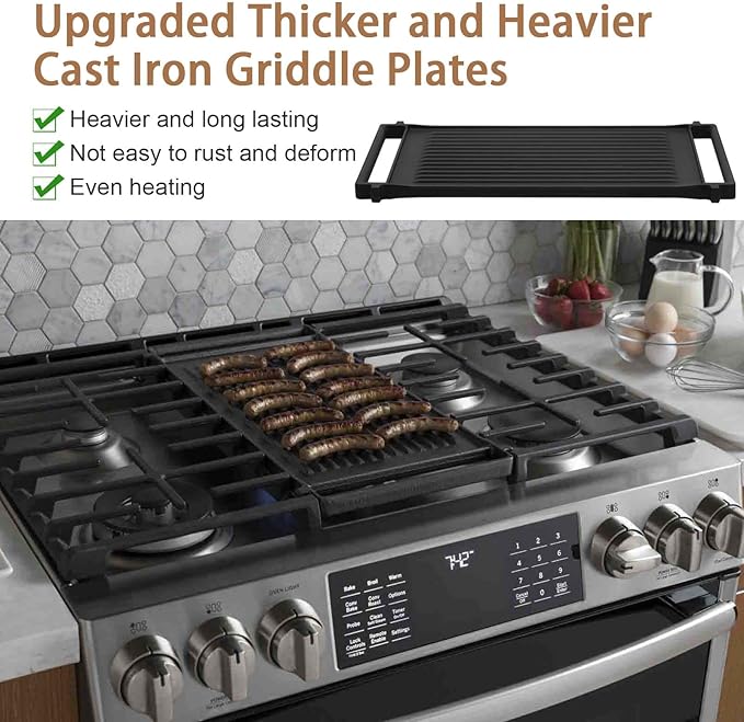 WB31X24998 WB31X24738 JXGRILL1 Griddle Replacement for GE Stove - 19.6" x 10.3" Reversible Cast Iron Center Griddle Plate, Gas Range Cooktop Parts, Fits GE JGBS66REKSS, JGB735SPSS & More