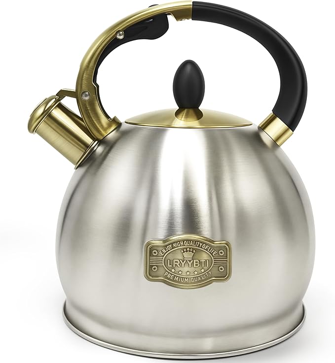 Stove top Whistling Tea Kettle Food Grade Stainless Steel Teapot of 5-layer base for Camping & Kitchen(Brushed, 2.64 Qt)