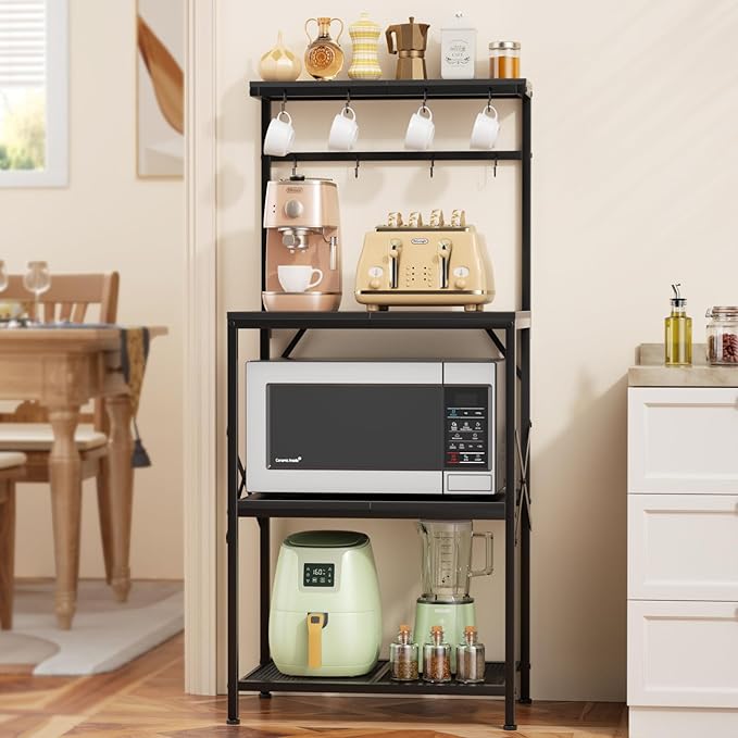 Kitchen Bakers Rack with Storage Shelves, Small Coffee Bar Cart with 8 Hooks, 4 Tiers Microwave Stand Station with Adjustable Shelves, Freestanding Kitchen Appliance Organizer, Black