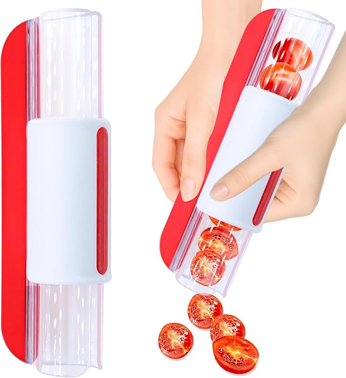 Tomato Slicer, Multi-Purpose Grape Slicer Kitchen Gadget, Tomato, Cherry, Fruit Cutter Fruit Tools into 2 Pieces (Red)