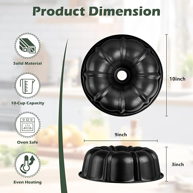 E-far 2 Packs Tube Cake Pan, 10 Inch Nonstick Fluted Pan for Baking Pound Cake, Heavy Duty Carbon Steel Round Baking Mold, Easy Release & Easy to Clean, 10 Cup, Black