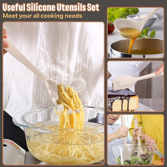 E-far Silicone Cooking Utensils Set, 7-Piece Khaki Heat Resistant Kitchen Utensils Set, Kitchen Nonstick Tools Spatula Ladle Spoon Pasta Server for Non-stick Cookware, Non-Toxic & Dishwasher safe