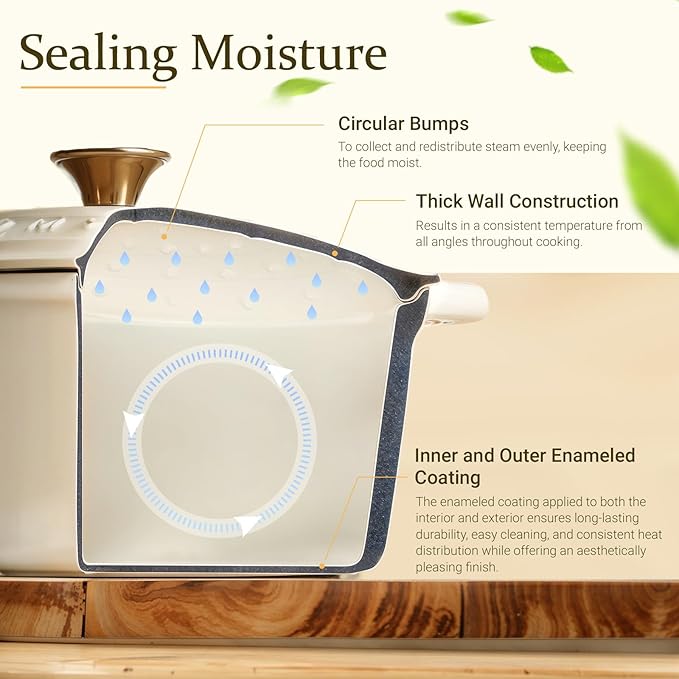 Overmont Enameled Cast Iron Dutch Oven - 7QT Pot with Lid Cookbook & Cotton Potholders - Heavy-Duty Cookware for Braising, Stews, Roasting, Bread Baking white