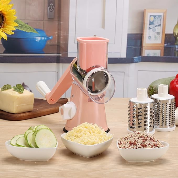 Cambom Rotary Cheese Grater Hand Crank Cheese Shredder for Fresh Cheese, Vegetable, Nuts,Non-slip Suction Base, Free Cleaning Brush Three Blades, Pink
