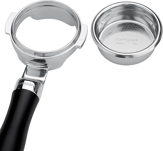 Normcore 58 mm Silm Bottomless Portafilter, Naked Portafilter with Black Anodized Aluminum Fits La Marzocco, 18 g Precision Double shot Basket Included