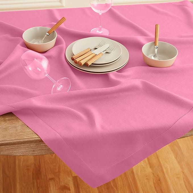 Solino Home Linen Flamingo Pink Tablecloth 60 x 144 Inch - Classic Hemstitch, 100% Pure Linen Rectangular Tablecloth - Machine Washable Table Cloth for Summer, Halloween