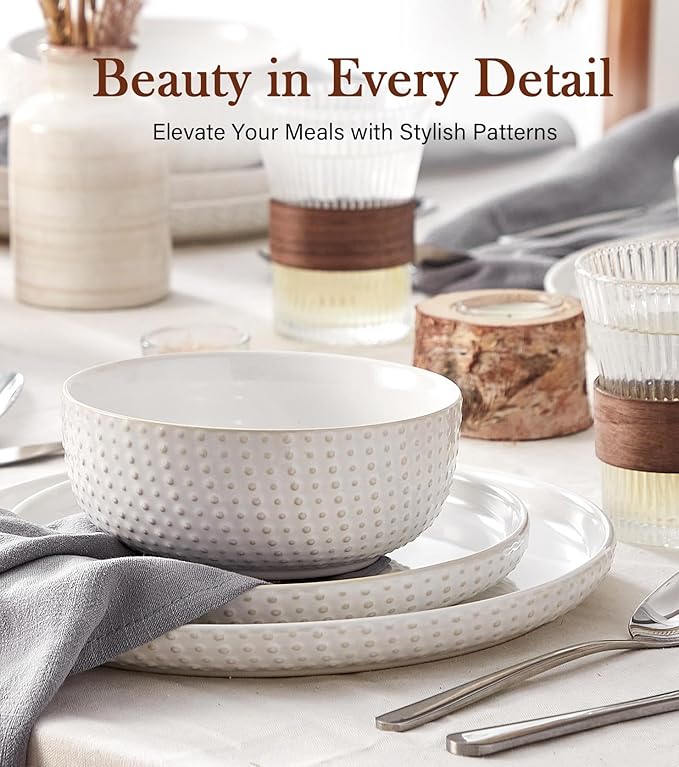 24 Piece Dinnerware Sets for 8 - Farmhouse Style Stoneware Plates and Bowls Sets - Scratch Resistant & Dishwasher Safe, Embossed Boho Ceramic Dish Set, Stack Compactly Dishware - Vintage White