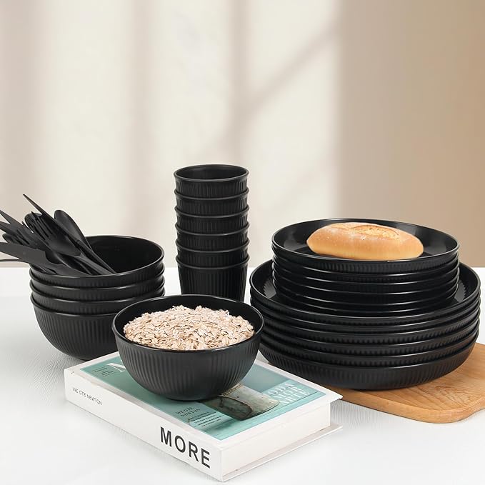 OAMCEG Wheat Straw Dinnerware Set | 42 pcs Plates and Bowls Sets for Kitchen & Camping | Wheatstraw Dinnerware Set Black dish set for 6 (Includes Dinner Plates, Bowls, Cups & Cutlery)
